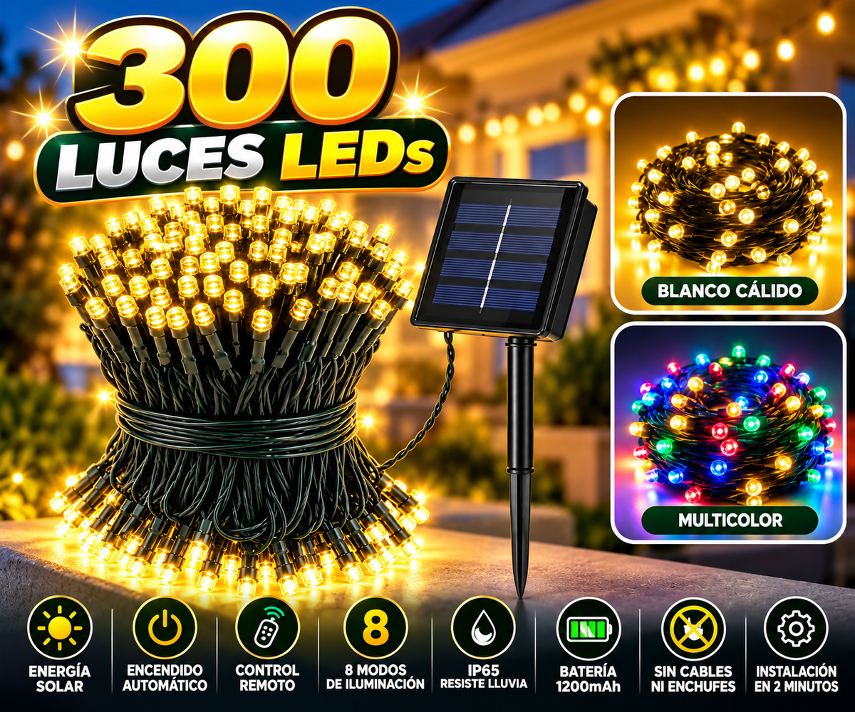 Luces navidad panel solar 300 led